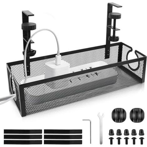 Plateau de Gestion des Câbles Sous le Bureau – Rangement Cable Bureau Panier de Câbles de Table en Maille Sans Perçage Rangement Cable Bureau pour La Gestion des Câbles et des Multiprises Noir (1/4)