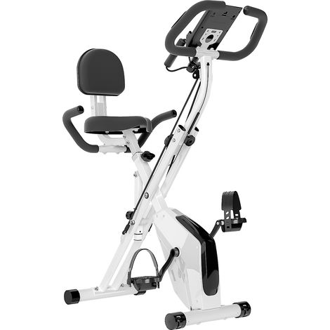 Vélo d'appartement pliant, Roue d'inertie de 2,5 kg, 16 niveaux de résistance réglable, avec capteurs de pouls, Écran LCD multifonction, avec dossier et cordon de serrage, Blanc (1/5)