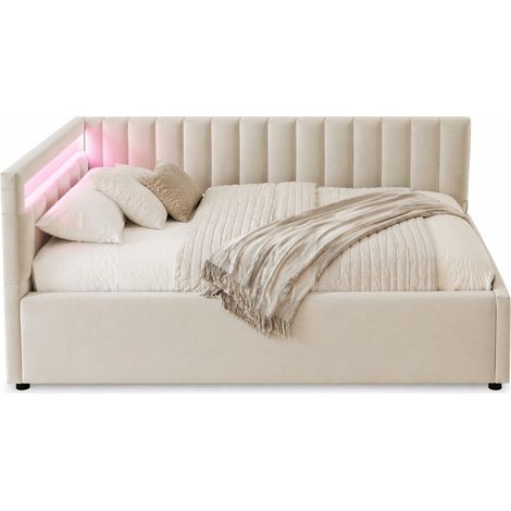 Letto singolo 90x200 cm in velluto beige con LED e contenitore idraulico, senza materasso - CHICFURN (1/5)