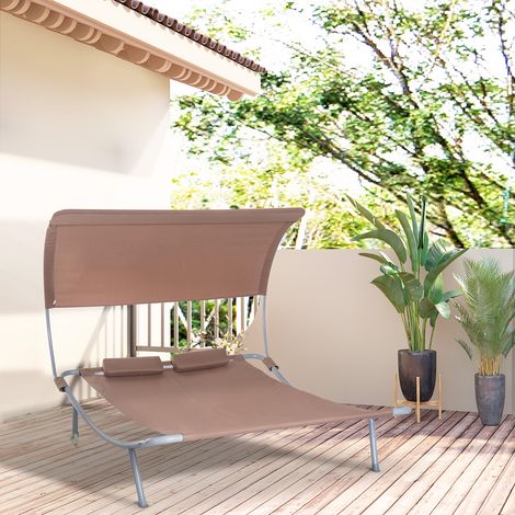 Bain de Soleil 2 Places lit de Jardin Design Contemporain Toit réglable 2 roulettes 2 oreillers Acier époxy Polyester Marron foncé