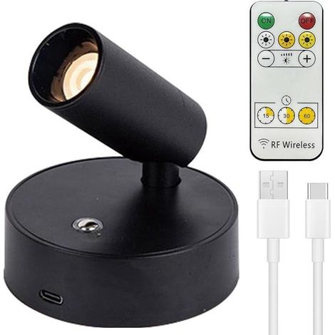 Spot LED fil - Batterie rechargeable par USB - Avec télécommande - 3 températures de couleur - Intensité variable - Lampe murale rotative avec fonction de minuterie - Pour art, plantes, portraits (1/5)
