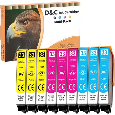 33XL Cartouches d'encre pour Epson 33XL Compatibles avec Expression Premium XP-7100 XP-830 XP-530 XP-540 XP-630 XP-645 XP-640 XP-900 XP-635 (3 Cyan, 3 Magenta, 3 Jaune) (1/5)