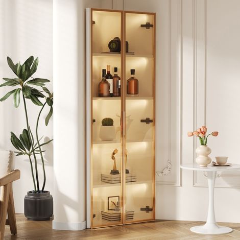 Eckvitrine mit 2 Türen und LED, Sicherheitsglas und Aluminiumrahmen, Weiß, 62×35×160 cm