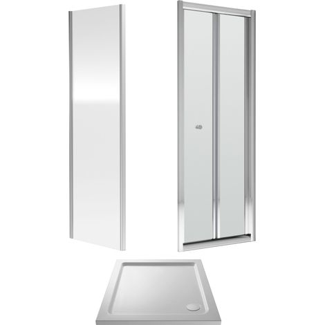 Balterley Square Bi-Fold Shower Suite & 4mm Safety Glass Door, Side Panel & 700x700mm Tray, Polished Chrome Frame & White Tray (1/3)