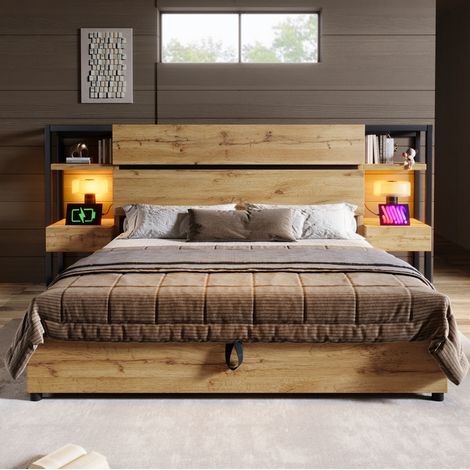 Lit coffre 180x200 USB, rangement, MDF métal chêne HAVRYA (1/5)