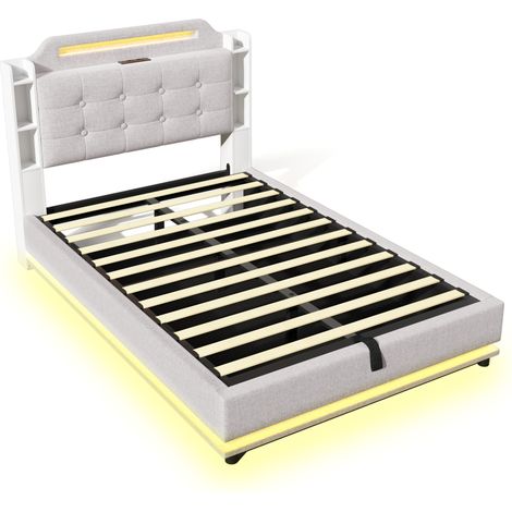 Lit capitonné de rangement 140 x 200 cm beige en lin avec LED, USB-C et USB, MODENUIT (1/5)