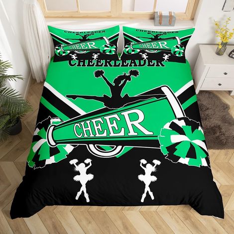 Parure de lit 135 x 200 cm - housse de couette - Motif pom-pom girl - Noire et verte - Décoration pour chambre de fille (1/5)