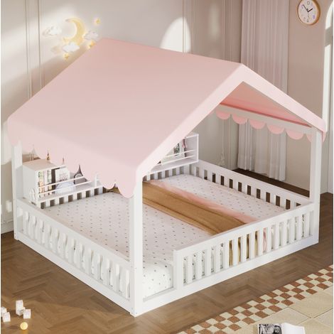 Lit cabane enfant 140x200 cm en bois blanc, LED, bibliothèque, gain de place, sans matelas – MEUBLIV (1/5)