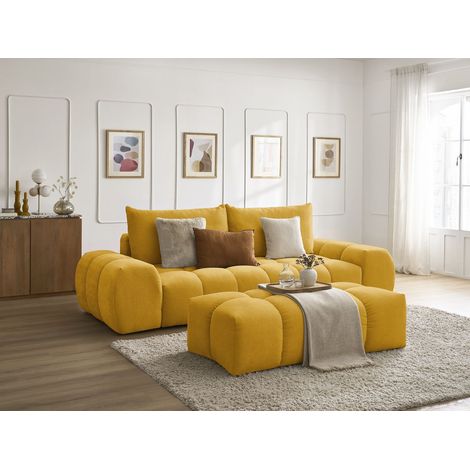 BOBOCHIC - Canapé droit fixe 3 places EVEREST tissu texturé avec pouf Jaune (1/5)