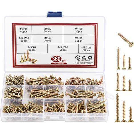 360 Stück – Holzschrauben – Schraubenset – Verzinkte selbstbohrende Schrauben für Schalterdosen und Möbel, DIY, Innen und Außen, Silber, 9 Größen