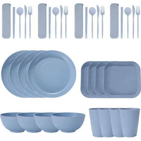 Service de table portable en paille de blé (bols, assiettes et tasses), couteau, fourchette, cuillère et baguettes portugaises. Ensemble de 36 pièces. (1/5)