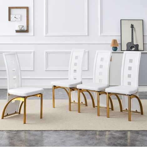 Lot de 2 chaises de salle à manger en cuir régénéré blanc, dossier à motif géométrique ajouré, pieds en métal doré, 102,5 cm, confortables pour salon et bureau – CHICFURN (1/5)
