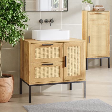 Mobile Sottolavabo Marhasa con Cassetto e 2 Scomparti 60 x 60 x 40 cm - Effetto Rovere/Rattan/Nero [en.casa] (1/5)