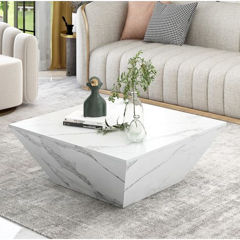 Tavolino trapezoidale con 2 cassetti, 70 x 70 x 37 cm, MDF effetto marmo bianco DESVIAE (1/5)