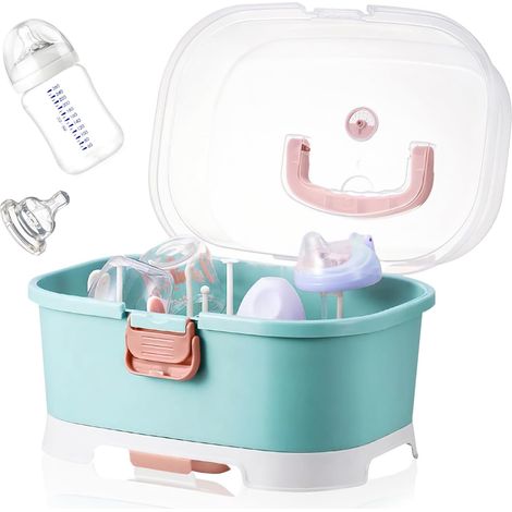 Aufbewahrungsbox für Babyflaschen, staubdichter Trockenständer für Babyflaschen und Babybesteck, für Zuhause, Küche, Reisen, Outdoor (Grün-Weiß)
