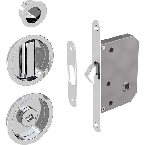 Slid'Up By Mantion – Serrure à condamnation pour porte coulissante – Poignée ronde Ø 57 mm – Acier finition chromé – Kit complet avec tire-doigt et gâche