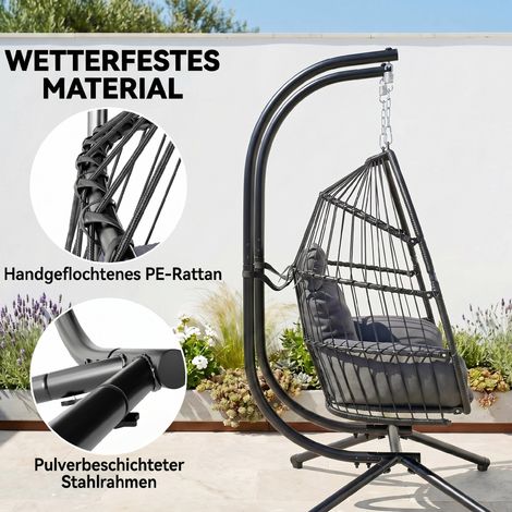 Fauteuil suspendu pliable, panier en rotin avec coussin, cadre en acier, usage intérieur et extérieur, charge max 260 kg, gris foncé (1/5)