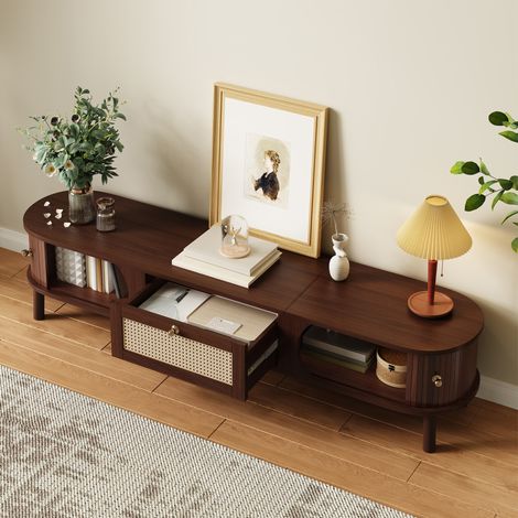 Mobile TV 170x39.5x38 cm naturale e noce in legno ingegnerizzato e rattan con ante scorrevoli e cassetti (1/5)