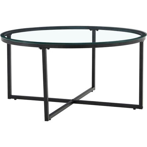 Table Basse LORIE Ronde Plateau Verre Trempé Transparent Structure Métal Noir D90x45cm (1/5)