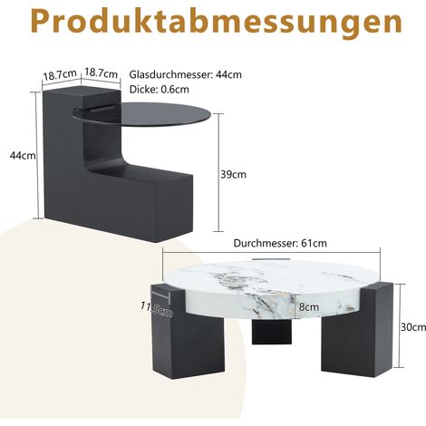 Table d'appoint ronde design moderne, 2 étages : plateau verre fumé gris et piètement MDF noir en L, finition marbre blanc, démontable pour gain de place flexible. (1/5)
