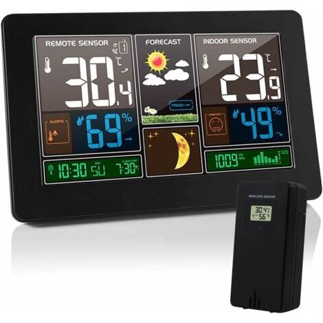 Station Météo Thermomètre Hygromètre Baromètre Intérieur Extérieur avec Capteur LED Ecran, Rétro-éclairage Horloge Numérique Affichage Heure Date Jour Phase de Lune (Noir)