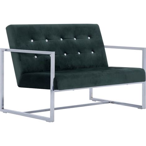 Divano a 2 Posti Sofa con Braccioli Verde Scuro Cromato e Velluto (1/5)