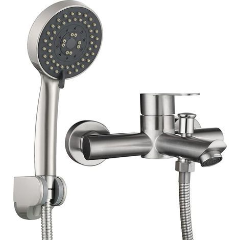 SNA516F3 Mitigeur Douche, Mitigeur Salle de Bain, Ensemble de douche à levier unique en acier inoxydable avec douchette et tuyau de douche 1,5 m Nickel brossé (1/5)
