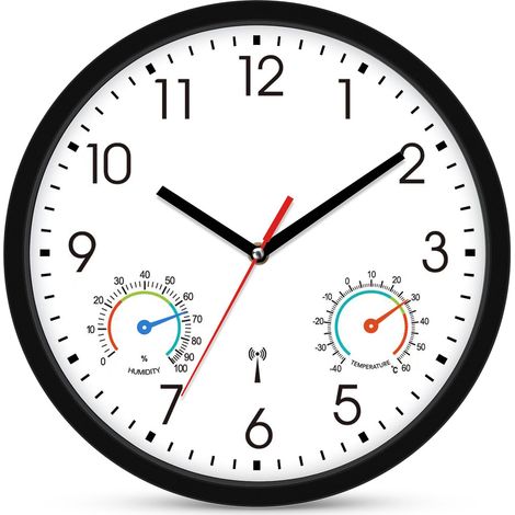 Horloge murale radio-pilotée avec affichage de la température et de l'humidité - Silencieuse - 25 cm - Moderne - Pour salon, cuisine, chambre à coucher, bureau - Noir (1/5)