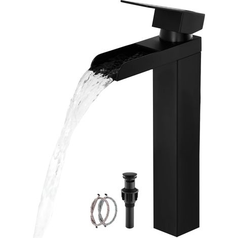 Robinet de salle de bain noir haut à effet cascade, robinet mitigeur monocommande pour lavabo vasque avec bec cascade, robinet de salle de bain monotrou, mitigeur de bar pour meuble-lavabo de camping- (1/5)