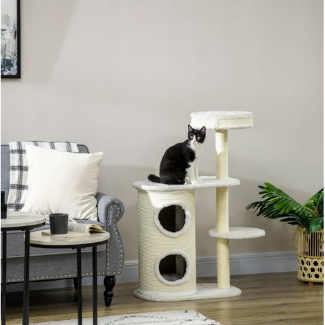 Arbre à chat en sisal et peluche blanc crème, structure multi-niveaux pour griffer, se reposer et jouer, 59 x 35 x 100 cm (1/5)
