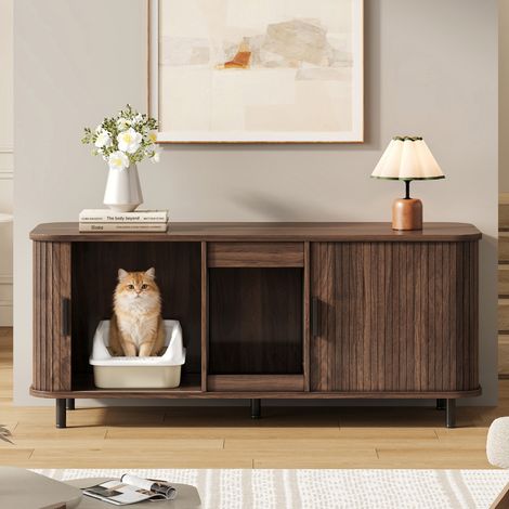 Armoire pour litière chat, armoire pour litière avec portes coulissantes, armoire pour litière deux portes, meuble pour animaux de compagnie, place pour deux litières, avec tapis anti-déjections, aspe (1/5)