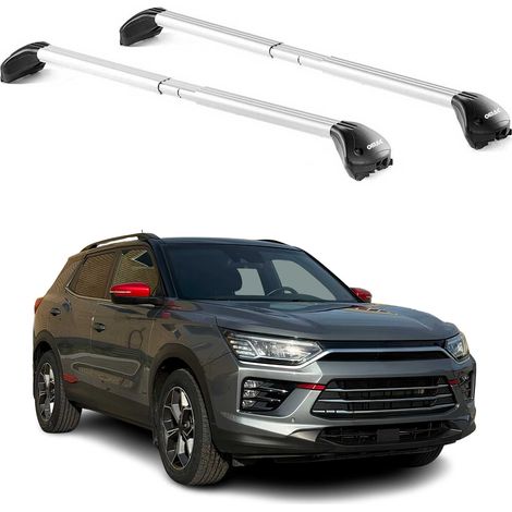 OMAC Barres de toit transversales certifiées TÜV pour Ssangyong Korando IV 2019-2026 – Verrouillables (4 antivols) – Charge max 100 kg – Sangle inox + protection caoutchouc Argent (1/4)
