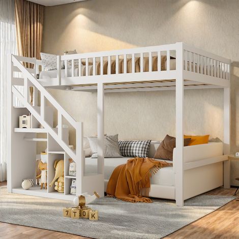 Lit superposé pour enfants 90 x 200 cm blanc–Lit ado–2 places avec escalier et rangement–Barrière antichute–Structure en bois massif–Design moderne