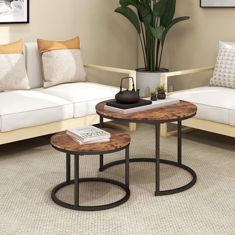 Lot de 2 tables basses rondes gigognes avec cadre en acier et plateau en bois pour salon, chambre à coucher, balcon (marron rustique/noir, diamètre XL 70/50 cm) (1/5)