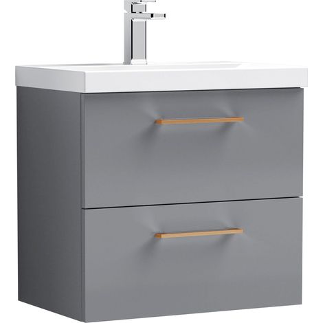 Balterley 600mm Wall Hung Bathroom 2 Drawer Vanity Unit and 1 Tap Hole Ceramic Basin, Satin Grey with Copper Handles