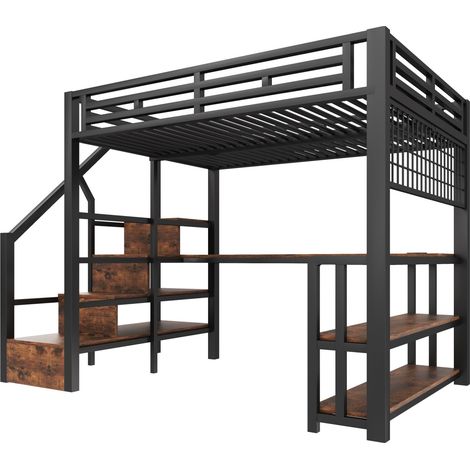 Cama alta 140x200 cm de metal y MDF con escritorio, escalera con almacenamiento y LED (1/5)