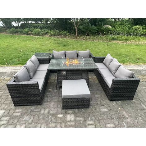 Fimous 10-Sitzer Rattan Gartenmöbel Sofa Set Outdoor Patio Gas Feuerstelle Esstisch Gas Heizung Brenner mit Beistelltisch Großer Fußhocker Dunkelgrau gemischt