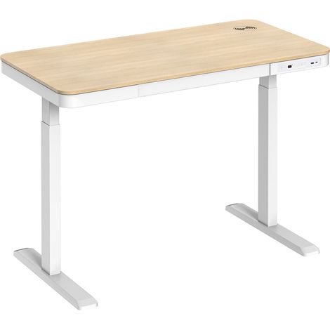 Bureau motorisé assis-debout 118x60cm avec tiroir et chargeur sans fil, Plateau Bois/Pied Blanc (1/3)