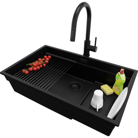 PRIMAGRAN Evier Cuisine en Granit 76x47cm, Lavabo 1 bac + Kit de Vidage + Accessoire, Évier à Encastrer au meuble 80cm - Prague Slim, Tout Noir (1/5)