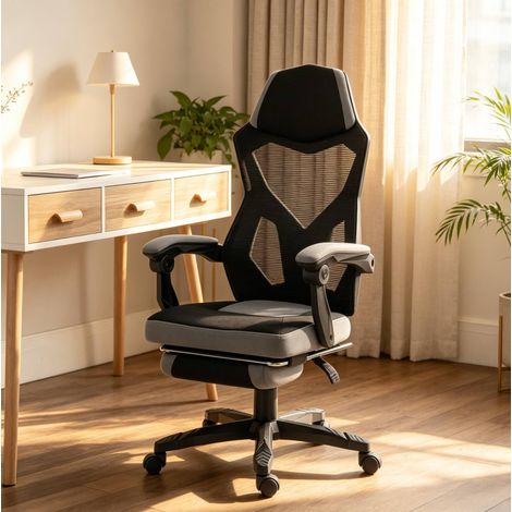 Chaise gaming ergonomique de bureau à dossier haut avec repose-pieds pliable noir et gris (1/5)