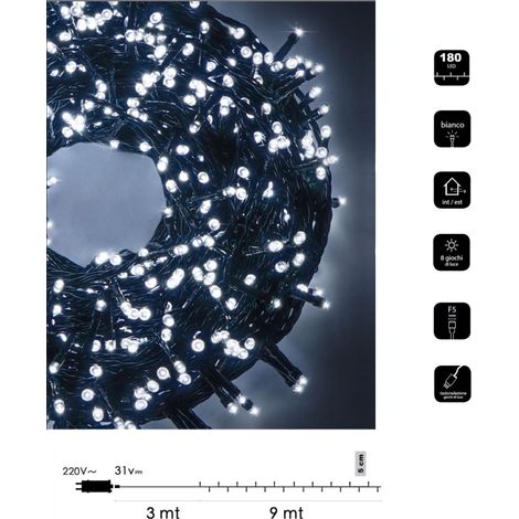 Catena di luci Natale 180 led serie luminosa natalizie cavo verde per esterno interno albero feste decorativa Bianco freddo