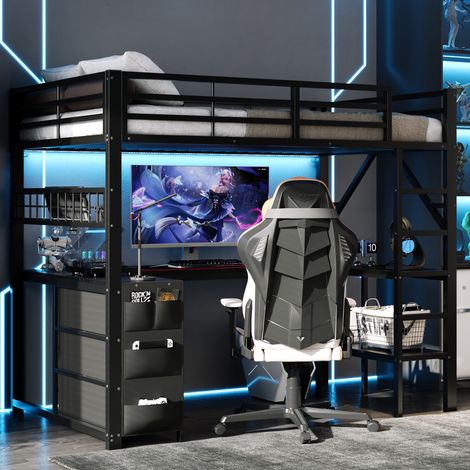 Lit mezzanine gaming 90x200 cm lit surélevé avec bureau intégré, étagère, 3 tiroirs, 3 poches tissu, panneau perforé, bande LED et ports USB, noir (1/5)