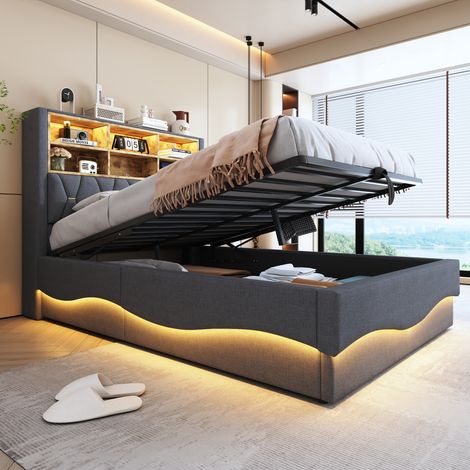 Cama con almacenaje 140x200cm cinta LED controlable por app y luz de lectura tapizado lino color gris (Sin colchón) (1/5)