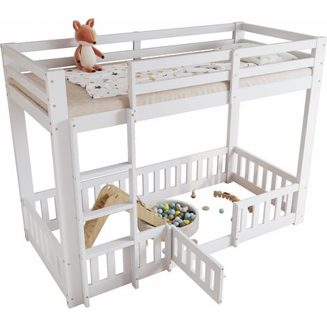 Lit mezzanine enfant bois massif blanc 90x200 cm avec escalier droit, barrières et porte, espace libre dessous (1/5)