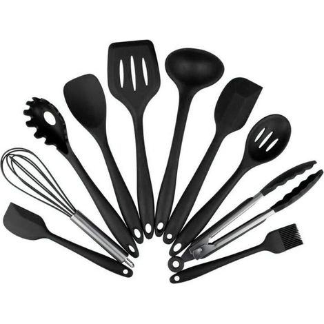 Kit de 10 ustensiles de cuisine en silicone noir – Résistance à la chaleur jusqu'à +230 °C – Antiadhésifs et faciles à nettoyer