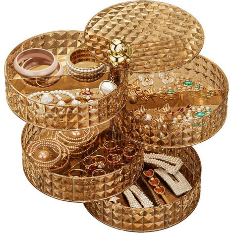 Aufbewahrungsbox [4 transparente Ebenen] + [Drehtablett] + [Drehtablett] + [Schmuck- und Kosmetikablage] (1/5)