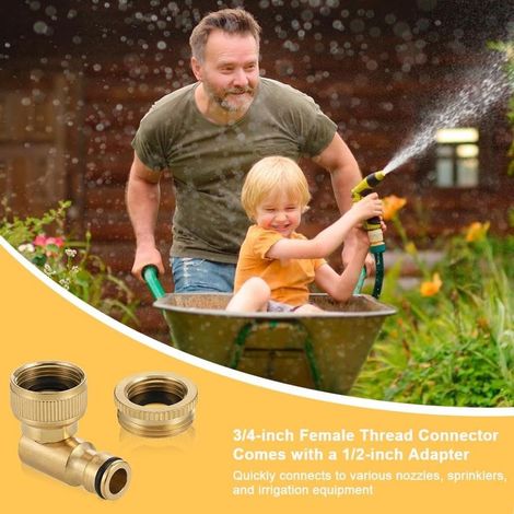 Set di 2 raccordi in ottone per rubinetto da giardino, gomiti in ottone da 1/2" e 3/4", filettatura femmina a 90°, raccordo per tubo flessibile girevole a 360°, adattatore per collegamento idrico (1/5)