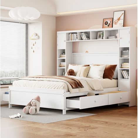 Lit coffre 140x200 cm en bois massif blanc, avec 4 tiroirs, rangement latéral et sommier à lattes