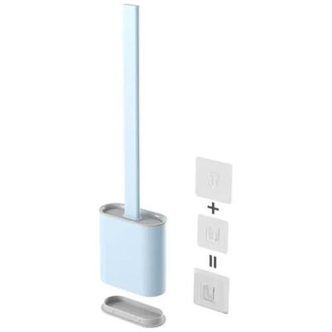 Brosse WC Silicone, Brosse Toilettes WC Suspendu en Silicone, Ensemble de Balayette WC à Séchage Rapide avec Long Manche, Balai WC Montage Mural/au Sol, Bleu clair (1/4)