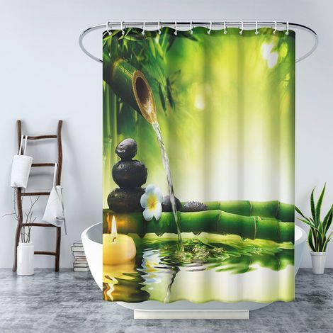 Waterproof, Mildew-Resistant Polyester Fabric Shower Curtain, Machine Washable Shower Curtain with 12 Hooks for Bathroom, 180x180cm (Green Bamboo) (1/5)